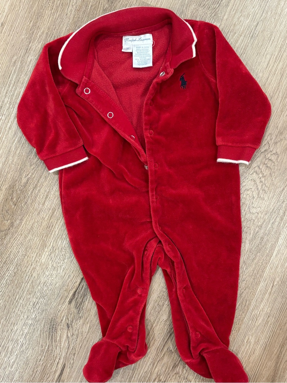 Ralph Lauren Baby 3M Red Velour Footed Romper Coverall Polo Pony Holiday